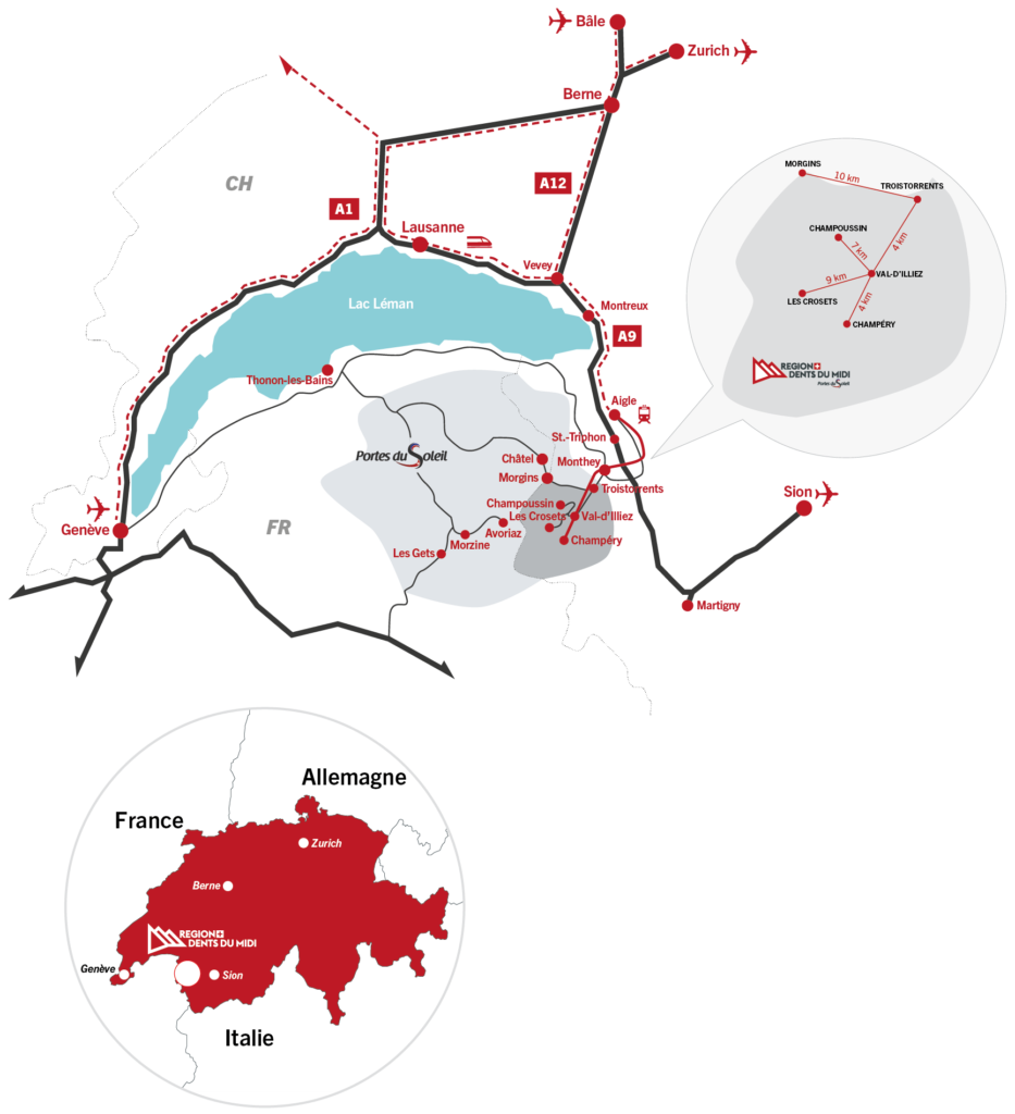 Carte d'accès à la Région Dents du Midi via les différents axes de communication.