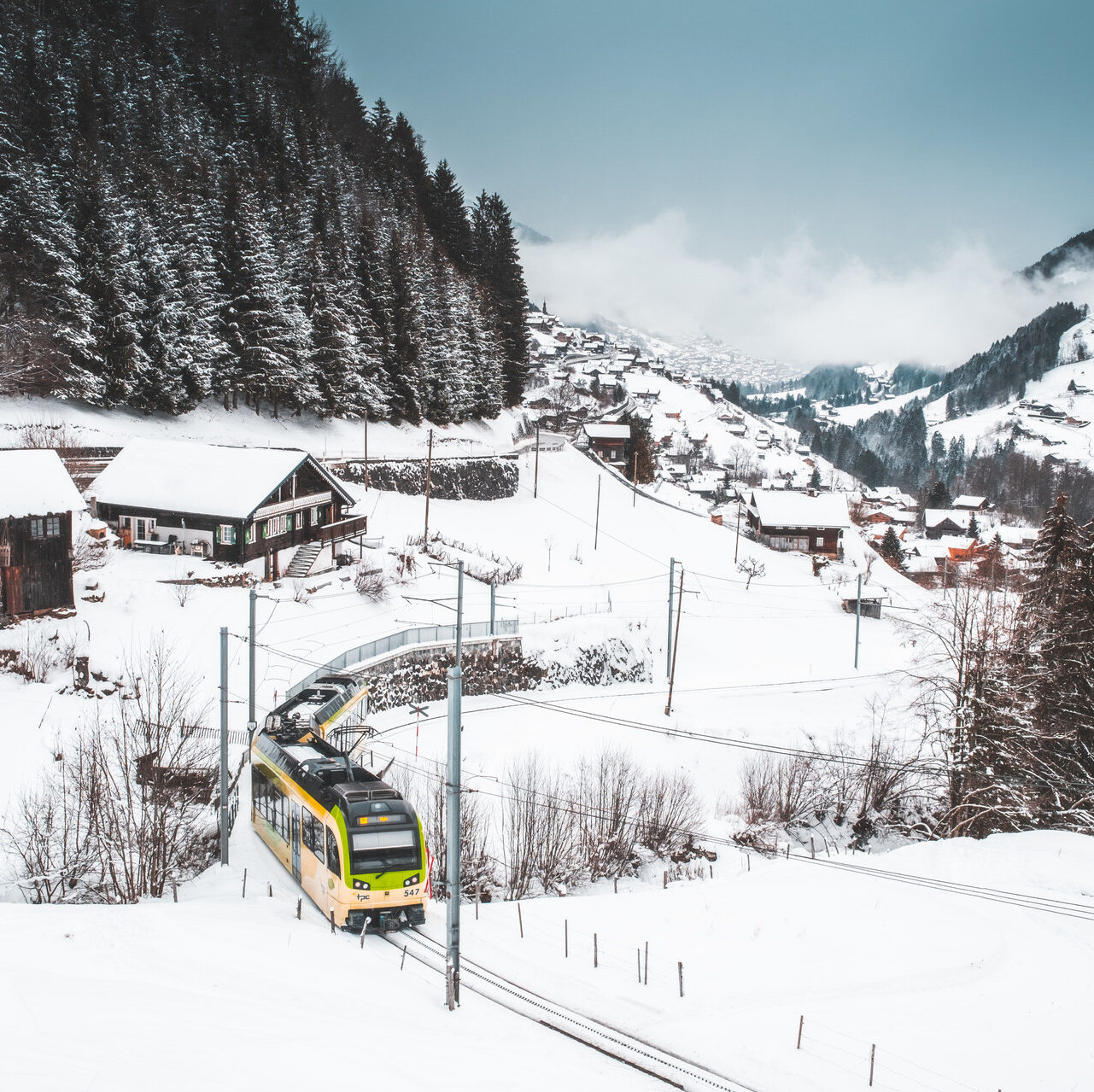 Zug der AOMC-Linie, die das Tal von Monthey nach Champéry durchquert.